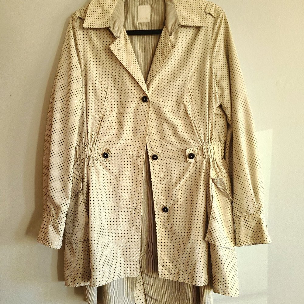 Ekle Italy Designer Black White Cream Polka Dot Stripe Trench High Low Jacket 10